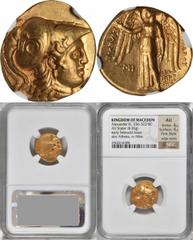 Alexander III (the Great), 336-323 B.C MACEDON. Kingdom of Macedon. Alexander III (the Great), 336-323 B.C. AV Stater (8.55 gms), Babylon Mint, Early Seleukid Issue, ca. 311-305 B.C. NGC AU, Strike: 4