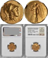 Alexander III (the Great), 336-323 B.C MACEDON. Kingdom of Macedon. Alexander III (the Great), 336-323 B.C. AV Stater (8.46 gms), Memphis Mint, Ptolemaic Issue. NGC EF, Strike: 5/5 Surface: 5/5. Fine 