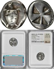 Aegina AEGINA. AR Stater (11.86 gms), ca. 525-480 B.C. NGC Ch VF, Strike: 5/5 Surface: 4/5. Milbank-pl. I#4; SNG Cop-501; BMC-11.126,7. Sea Turtle with T-pattern of dots on shell; Reverse: Incuse squa