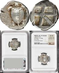 Aegina AEGINA. AR Stater (12.30 gms), ca. 480-457 B.C. NGC Ch VF, Strike: 5/5 Surface: 5/5. Milbank-pl. I#13; SNG Cop-507. Sea turtle with T-pattern of dots on shell; Reverse: Incuse skew pattern. Goo