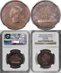 CANADA CANADA. New Brunswick. Penny, 1843. NGC PROOF-65 BN. KM-1; Char-NB-2A. Stands alone as the finest certified piece at the grading services. Deep rosewood patina with smooth mark-free surfaces. A