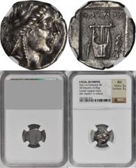 Lycia LYCIA. Lycian League. Olympus. AR Drachm (3.05 gms), ca. 168-78 B.C. NGC AU, Strike: 5/5 Surface: 3/5. cf.SNG Cop-111; cf.BMC-19.74,1. Laureate head of Apollo facing right; Reverse: Lyre, laurel