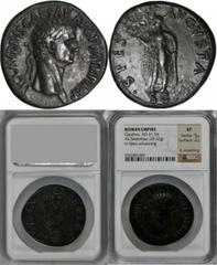 Claudius, A.D. 41-54 CLAUDIUS, A.D. 41-54. AE Sestertius (28.52 gms), Rome Mint. NGC EF, Strike: 5/5 Surface: 2/5. Light Smoothing. RIC-99. "TI CLAVDIVS CAESAR AVG P M TR P IMP" Laureate head of Claud