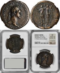 Domitian, A.D. 81-96 DOMITIAN, A.D. 81-96. AE Sestertius (24.33 gms), Rome Mint, ca. A.D. 95-96. NGC EF, Strike: 5/5 Surface: 4/5. Light Smoothing. RIC-795. "IMP CAES DOMIT AVG GERM COS XVII CENS PER 
