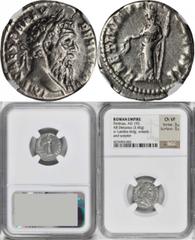Pertinax, A.D. 193 PERTINAX, A.D. 193. AR Denarius (3.45 gms), Rome Mint, A.D. 193. NGC Ch VF, Strike: 3/5 Surface: 3/5. RIC-4a; S-6041; RSC-20. "IMP CAES P HELV PERTIN AVG" Laureate head of Pertinax 
