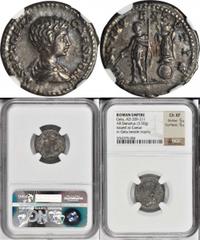 Geta as Caesar, A.D. 198-209 GETA AS CAESAR, A.D. 198-209. AR Denarius (3.50 gms), Rome Mint, ca. A.D. 200-202. NGC Ch EF, Strike: 5/5 Surface: 5/5. RIC-18. "P SEPT GETA CAES PONT" Bare-headed, draped