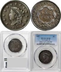 Scarce 1827 Newcomb-10 Nearly Condition Census 1827 Matron Head Cent. N-10. Rarity-4+. Noyes Die State-B/A. EF-40 (PCGS). Dark olive and steel brown and very uniform in appearance with a pleasant glos