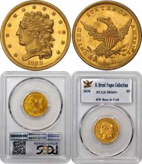 The Prooflike Gem Byron Reed 1838 Half Eagle Acquired at the Parmelee Sale of 1890 1838 Classic Head Half Eagle. McCloskey-2, Dies 2-B. Mint State-65+ (PCGS). “The only Proof known to me is in the Oma