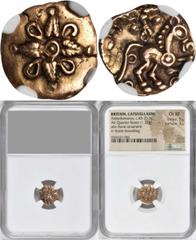 Trinovantes CELTIC BRITAIN. Trinovantes. AV 1/4 Stater (1.37 gms), Addedomaros (ca. 37-33 B.C.). NGC Ch EF, Strike: 5/5 Surface: 3/5. S-204; VA-1623-1. Cross shaped floral pattern; horse facing right.