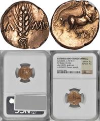 Trinovantes CELTIC BRITAIN. Trinovantes. Cunobelin (ca. A.D. 10-43). AV Stater (5.37 gms), Camulodunum (Colchester) Mint. NGC AU, Strike: 4/5 Surface: 4/5. S-288; VA-2025-1. Classic type, ear of grain