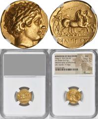 Philip II, 359-336 B.C MACEDON. Kingdom of Macedon. Philip II, 359-336 B.C. AV Stater (8.57 gms), Pella Mint, ca. 340-328 B.C. NGC AU, Strike: 5/5 Surface: 5/5. LeRider-pl. 62#283 (D132/R217). Late li