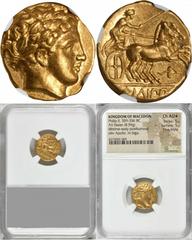 Philip II, 359-336 B.C MACEDON. Kingdom of Macedon. Philip II, 359-336 B.C. AV Stater (8.59 gms), Amphipolis Mint, ca. 340-328 B.C. NGC Ch AU*, Strike: 5/5 Surface: 5/5. Fine Style. LeRider-pl. 75#66 