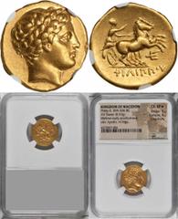 Philip II, 359-336 B.C MACEDON. Kingdom of Macedon. Philip II, 359-336 B.C. AV Stater (8.53 gms), Amphipolis Mint, ca. 323-315 B.C. NGC Ch EF*, Strike: 5/5 Surface: 4/5. Fine Style. LeRider-179. Early