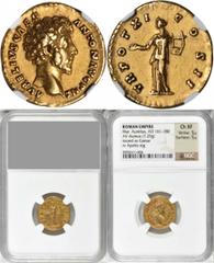 Marcus Aurelius as Caesar, A.D. 139-161 MARCUS AURELIUS AS CAESAR, A.D. 139-161. AV Aureus (7.29 gms), Rome Mint, ca. A.D. 156-157. NGC Ch EF, Strike: 5/5 Surface: 5/5. RIC (Antoninus Pius)-469a; Cali