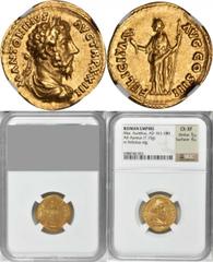 Marcus Aurelius, A.D. 161-180 MARCUS AURELIUS, A.D. 161-180. AV Aureus (7.15 gms), Rome Mint, ca. A.D. 169-170. NGC Ch EF, Strike: 5/5 Surface: 4/5. RIC-201; Calico-1850a. "M ANTONINVS AVG TR P XXIII"
