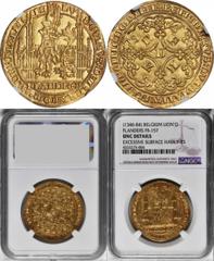 BELGIUM BELGIUM. Flanders. Lion d'Or, ND. Ghent Mint. Louis II de Male (1346-84). NGC Unc Details--Excessive Surface Hairlines. 15.35 gms. Fr-157; Delm-460(R); Gaill-214; DeMey-196. RARE. Depicts the 
