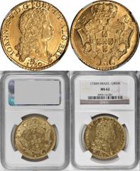 BRAZIL BRAZIL. 12,800 Reis, 1730-M. Joao V (1706-50). NGC MS-62. Fr-55; KM-139; LDMB-O286; Gomes-140.09. Population of two with three finer at NGC. None seen in mint state at PCGS. A museum quality pi