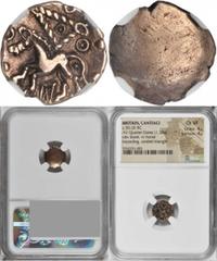 Cantiaci CELTIC BRITAIN. Cantii. AV 1/4 Stater (1.33 gms), ca. 50-20 B.C. NGC Ch VF, Strike: 4/5 Surface: 4/5. S-172; VA-151-1. Blank; Reverse: Celticized horse facing left, corded triangle above. Lov