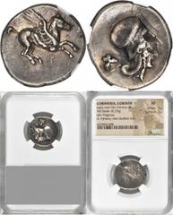 Corinth CORINTHIA. Corinth. AR Stater (8.29 gms), Ca. 400-375 B.C. NGC EF, Strike: 5/5 Surface: 3/5. Calciati-161/1. Pegasus flying right, koppa below; Reverse: Helmeted Athena facing right, double bo