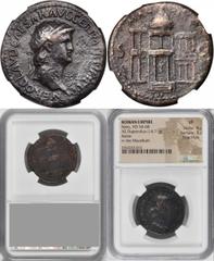 Nero, A.D. 54-68 NERO, A.D. 54-68. AE Dupondius (14.71 gms), Rome Mint, ca. A.D. 63. NGC VF, Strike: 4/5 Surface: 3/5. Fine Style. RIC-109. "NERO CLAVD CAESAR AVG GER P M TR P IMP P P" Radiate head of