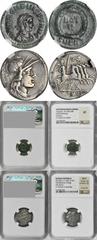 MIXED LOTS MIXED LOTS. AR Denarius & AE 4 (Nummus), Rome & Cyzicus Mints, ca. 120 B.C. to A.D. 408. NGC Ch F, Strike: 5/5 Surface: 2/5 to NGC EF. 2 pieces in lot. Includes an AR Denarius (Moneyer: M. 