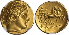 Philip II, 359-336 B.C MACEDON. Kingdom of Macedon. Philip II, 359-336 B.C. AV Stater (8.59 gms), Pella Mint, ca. 336-323 B.C. NGC AU, Strike: 5/5 Surface: 3/5. LeRider-pl. 57#146 (D33/R105). Early po