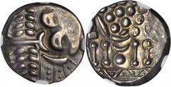 Durotriges CELTIC BRITAIN. Durotriges. AV/EL Stater (5.83 gms), ca. 60-20 B.C. NGC AU, Strike: 4/5 Surface: 5/5. S-365; VA-1235-1. Abstract head of Apollo facing right; Reverse: Disjointed horse facin