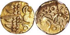 Corieltauvi CELTIC BRITAIN. Corieltauvi. AV Stater (6.18 gms), ca. 60-20 B.C. NGC Ch EF, Strike: 4/5 Surface: 4/5. S-28; VA-800-3. Abstract head of Apollo right; Reverse: Disjointed abstract horse fac