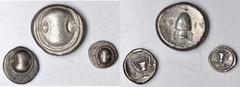 Thebes BOEOTIA. Thebes. Silver Coinage, ca. 395-340 B.C. 3 pieces in lot. Includes: (1) AR Stater (11.79 gms), (1) AR Hemidrachm (2.58 gms) and (1) AR Obol (0.86 gms). Each piece features the iconic B