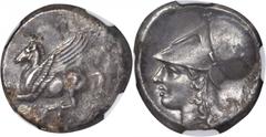 Corinth CORINTHIA. Corinth. AR Stater (8.44 gms), ca. 375-300 B.C. NGC AU, Strike: 4/5 Surface: 2/5. Calciati-403. Pegasus of fine style flying left, koppa below; Reverse: Head of Athena facing left w