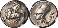 Corinth CORINTHIA. Corinth. AR Stater (8.55 gms), ca. 375-300 B.C. NGC AU, Strike: 5/5 Surface: 3/5. Light Scratches. Calciati-416. Pegasus flying left, koppa below; Reverse: Head of Athena facing lef