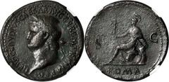 Nero, A.D. 54-68 NERO, A.D. 54-68. AE Sestertius (28.06 gms), Rome Mint, ca. A.D. 65. NGC Ch VF, Strike: 5/5 Surface: 3/5. RIC-276. "NERO CLAVDIVS CAESAR AVG GER PM TR P IMP P P" Laureate head of Nero