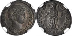 Helena, A.D. 324-328/30 HELENA, A.D. 324-328/30. AE 3 (BI Nummus) (2.44 gms), Arles Mint, ca. A.D. 326-327. NGC Ch AU, Strike: 5/5 Surface: 4/5. RIC-307. Diademed and draped bust right; Reverse: Helen