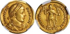 Valens, A.D. 364-378 VALENS, A.D. 364-378. AV Solidus (4.42 gms), Antioch Mint, ca. 364-367 A.D. NGC EF, Strike: 5/5; Surface: 3/5. Graffito. RIC-2d. "DN VALENS - PER F AVG", Pearl-diademed, draped an