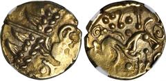 CELTIC BRITAIN. Corieltauvi. AV Stater (6.18 gms), ca. 60-20 B.C. S-28; VA-800-3. Abstract head of Apollo right; Reverse: Disjointed abstract horse facing right, pellet below horse, "coffee bean" befo