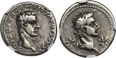 CALIGULA, A.D. 37-41. AR Denarius (3.68 gms), Lugdunum Mint, ca. A.D. 37. RIC-2; S-1808. "C CAESAR AVG GERM P M TR POT COS" Bare head of Caligula facing right; Reverse: Radiate head of deified Augustu