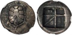 AEGINA. AR Drachm (5.66 gms), ca. 350-338 B.C. Milbank-pl. II#16. Land turtle, or Testudo Graeca, in high relief with thirteen plates; Reverse: Square incuse with large skew pattern, two pellets in on