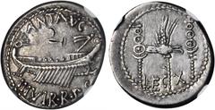 MARC ANTONY. AR Legionary Denarius (3.61 gms), Patrae Mint, ca. 32-31 B.C. Cr-544/24; S-1479; Syd-1228. "ANT AVG III VIR R P C", Praetorian galley right; Reverse: Legionary eagle (Aquila) between two 