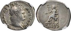NERO, A.D. 54-68. AR Denarius (3.52 gms), Rome Mint, ca. A.D. 65-66. RIC-67. "IMP NERO CAESAR AVGVSTVS" Laureate and bearded head of Nero facing right; Reverse: Draped Salus enthroned facing left, ext