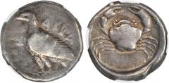 SICILY. Akragas. AR Didrachm (8.61 gms), ca. 480-470 B.C. SNG ANS-941. Sea Eagle standing facing left, closed wings; Reverse: Crab within incuse circle. NGC FINE, Strike: 4/5 Surface: 3/5. Light Smoot