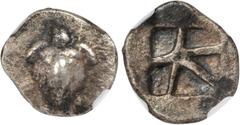 AEGINA. AR Obol (1.03 gms), ca. 480-457 B.C. SNG Cop-511. Sea turtle with pellets; Reverse: Incuse skew pattern. Minor encrustation on the reverse. Good strike, toned and attractive. NGC Ch VF, Strike