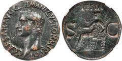 CALIGULA, A.D. 37-41. AE As (10.99 gms), Rome Mint, ca. A.D. 37-38. RIC-38; S-1803. Bare head of Caligula left; Reverse: Vesta seated left with patera and scepter. Bold portrait, dark patina. NGC Ch V