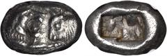 LYDIA. Kroisos, 561-546 B.C. AR Half-Stater/Siglos (5.24 gms), ca. 561 B.C. or later. Rosen-664; SNG von Aulock-2877. Foreparts of lion and bull facing one another; Reverse: Two incuse square punches.