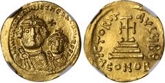 HERACLIUS, 610-641. AV Solidus (4.42 gms), Constantinople Mint, 6th Officinae. S-746. Crowned, draped and bearded bust of Heraclius facing on left, crowned and draped bust of Heraclius Constantine on 