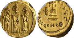 HERACLIUS, 610-641. AV Solidus (4.46 gms), Constantinople Mint, 3rd Officinae. S-769. Heraclius, Heraclius Constantine and Heraclonas all standing facing, holding globus cruciger; Reverse: Cross poten