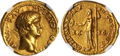 NERO, A.D. 54-68. AV Aureus (7.61 gms), Rome Mint, ca. A.D. 60-61. RIC-23; Calico-428. "NERO CAESAR AVG IMP" Bare head of Nero facing right; Reverse: "PONTIF MAX TR P VII COS IIII P P" Ceres standing 