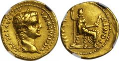 TIBERIUS, A.D. 14-37. AV Aureus (7.61 gms), Lugdunum Mint, ca. A.D. 16. RIC-29; S-1760; Calico-305b. "TI CAESAR DIVI AVG F AVGVSTVS" Laureate bust of Tiberius right; Reverse: "PONTIF MAXIM", draped Li