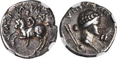 GALBA, A.D. 68-69. AR Denarius (3.36 gms), Tarraco Mint, ca. A.D. 68. RIC-2. "GALBA IMP" Galba on horseback facing left; Reverse: "HISPANIA" Head of Hispania facing right, two spears and shield behind