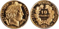FRANCE. 10 Franc, 1889-A. Paris Mint. PCGS PROOF-67 CAMEO Secure Holder. Fr-593; KM-830; Gad-1016. From a mintage of only 100 pieces. An incredible rarity, preserved in immaculate quality, the fields 