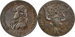 Washingtoniana Exceptional 1792 Getz Pattern in Copper Plain Edge 1792 Washington Getz Pattern. Small Eagle. Baker-25, Musante GW-22, W-10775. Copper. Plain edge. AU-58 (PCGS). 263.1 grains. An extrem